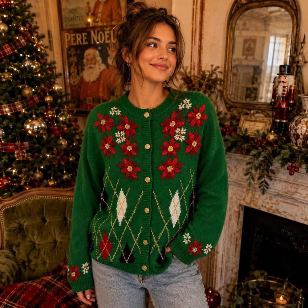 Vintage Panther Petite Christmas Sweater M Green Poinsettia Embroidered Cardigan